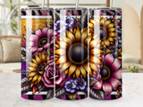 Floral tumbler with sunflowers and roses against a glitter and striped background.