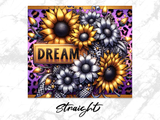 Golden and silver sunflowers and leaves against a purple leopard print background with text.