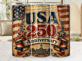 USA 250th Anniversary tumbler with patriotic icons and Founding Fathers document.