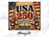 USA 250th Anniversary design with fireworks, Declaration of Independence text, and Independence Hall.