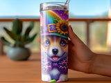Corgi wizard on a tumbler wearing a witch hat and bow tie.