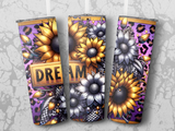 Three tumblers with sunflowers, leopard print, and the word "DREAM".