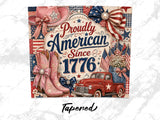 Pink cowboy boots, hat, and red truck with "Proudly American Since 1776" text.