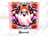 Ghost with glasses, pumpkins, and candy. "This is some boo sheet".