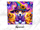 Corgi in witch hat and bow tie surrounded by pumpkins and butterflies.