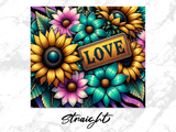 Sunflowers and teal flowers with "LOVE" sign and "Straight" text.