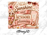 Sunshine and lesson planning notebook with coffee and school supplies.