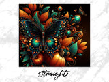 Intricate butterfly artwork with pumpkins, leaves, and swirling ornate designs.