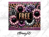 Floral arrangement with "FREE" text and leopard print border on purple background.