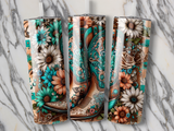 Turquoise cowboy boots and floral pattern on three tumblers.