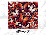 Ornate butterflies and flowers in red, orange, and gold on a dark background.