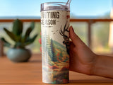 Tumbler with "Hunting Season" text and a buck in a forest scene.