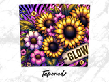 Sunflowers and pink flowers on a purple and black zebra print background with "Glow" tag.