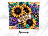 Sunflowers and purple flowers with "Mama" text on leopard print background.