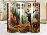 Elk in autumn forest with "Hunting Season" text.