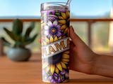 Mama tumbler with sunflowers and purple floral accents.