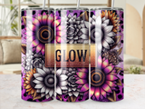 Floral tumbler with "Glow" text, featuring sunflowers and other blooms.