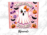 Ghost with "This is some boo sheet" text, surrounded by Halloween candy and pumpkins.