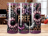 Floral tumbler with "FREE" text and leopard print accents.