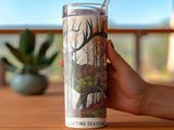 Tumbler featuring woodland deer and trees, "Hunting Season" text.