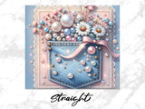 Denim pocket adorned with pearls, pink ribbon, and delicate flowers.