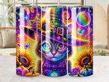 Three tumblers featuring a whimsical cat in a witch hat and sunflowers.