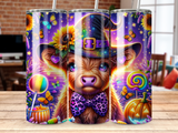 Adorable calf in witch hat with pumpkins, lollipops, and butterflies.
