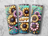 Three tumblers with sunflowers, floral patterns, and the word "HAPPY".