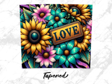 Close-up of colorful sunflowers and teal flowers with a "LOVE" sign.