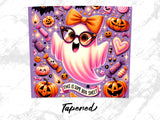 Ghost wearing oversized sunglasses and bow tie with Halloween candy and pumpkins.