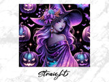 Woman in witch costume with purple hair surrounded by glowing jack-o'-lanterns.