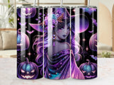 Witch with purple pumpkin, bat, and floral Halloween-themed background.