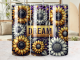 Sunflower and floral pattern tumbler with "DREAM" text on gold plaque.
