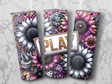 Three tumblers with floral designs and the word "PLAY" in a golden frame.