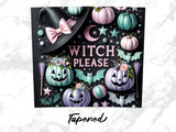 Witch Please text with pumpkins, bats, witch hat, and broom.