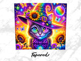 Whimsical cat wearing witch hat and bow tie surrounded by sunflowers and pumpkins.