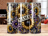 Tumbler with sunflowers, purple flowers, and leopard print with "Mama" text.
