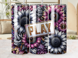 Three tumblers adorned with sunflowers, dice, and the word "PLAY".