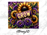 Gold "GROW" sign surrounded by sunflowers, purple flowers, and leopard print.