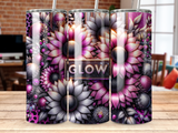 Floral design with the word "GLOW" in a neon-style frame.