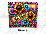 Floral arrangement with "Mama" text, vibrant sunflowers, and turquoise flowers.