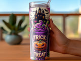 Halloween tumbler with spooky castle and pumpkin graphic, "Trick or Treat" text.