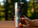 Hand holding a colorful tumbler with floral and butterfly-inspired designs.