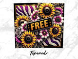 Floral pattern with sunflowers and stripes, "FREE" text in a gold sign.