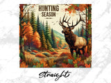 Elk in autumn forest with "Hunting Season" text.