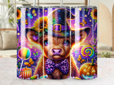 Cow wearing a witch hat and bow tie with Halloween candy and butterflies.