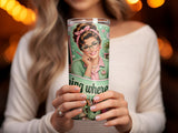 Retro woman in glasses holding a mug with "Morning Where" text.