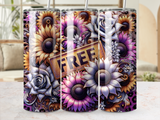 Floral tumbler with "FREE" sign and leopard print accents.