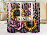 Sunflower and rose floral design with "KIND" text on a purple striped tumbler.