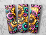 Three tumblers with colorful floral designs and the word "MAMA".